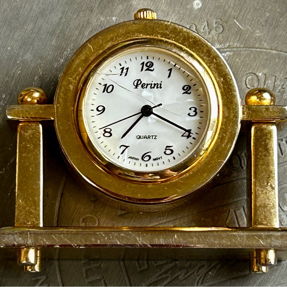 Perini Mini Clock. Brass Mother of Pearl face.